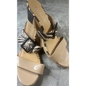 Chinese Laundry Zebra Print Wedge Sandals Tan‎ Patent Espadrille Womens 10